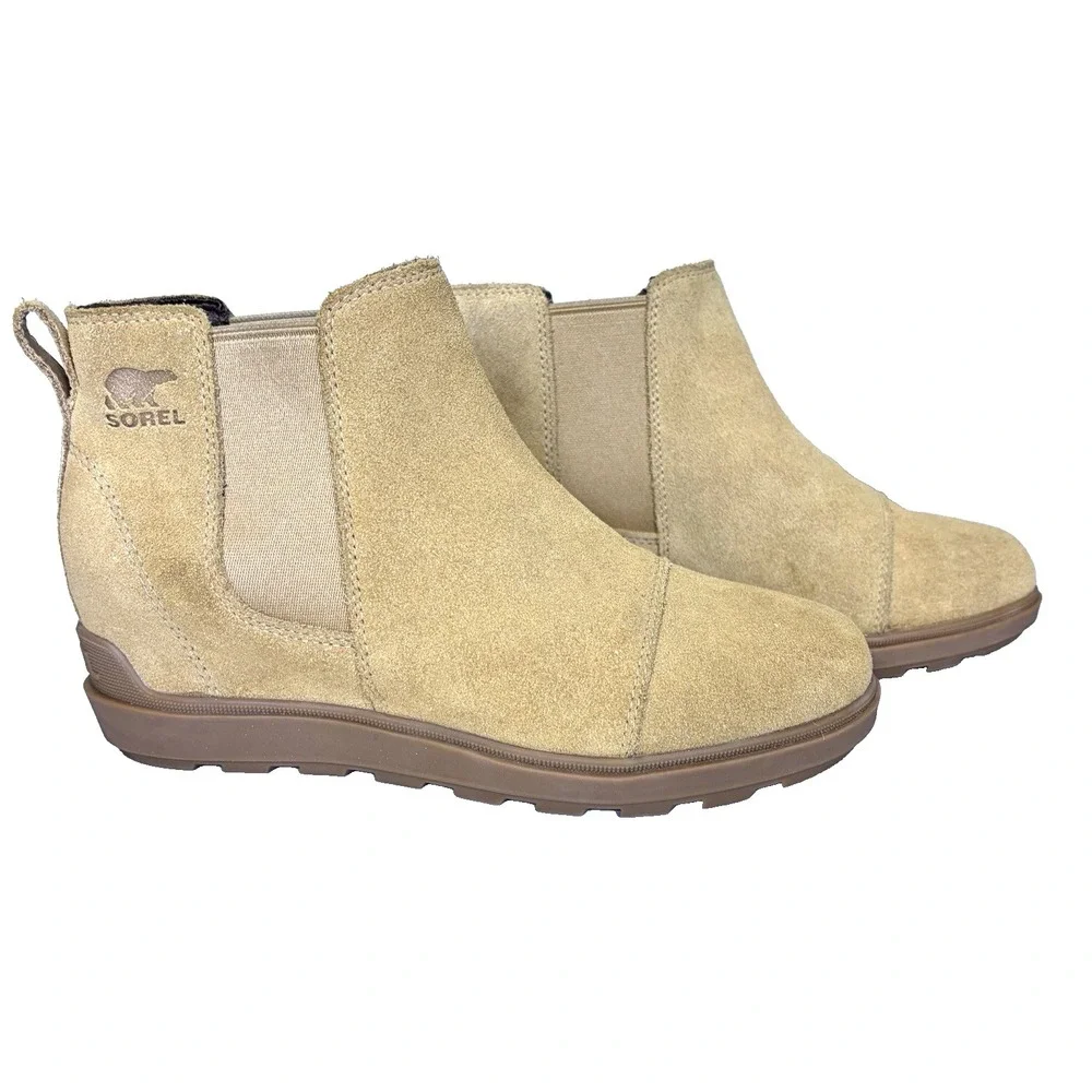 Sorel woman's Evie II Chelsea Size 8.5 Caribou Buff Gum Leather Waterproof Suede